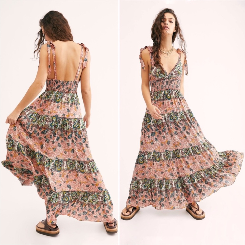 Free People Let’s Smock About It Boho Tiered Mixed Print Maxi Dress Size Small